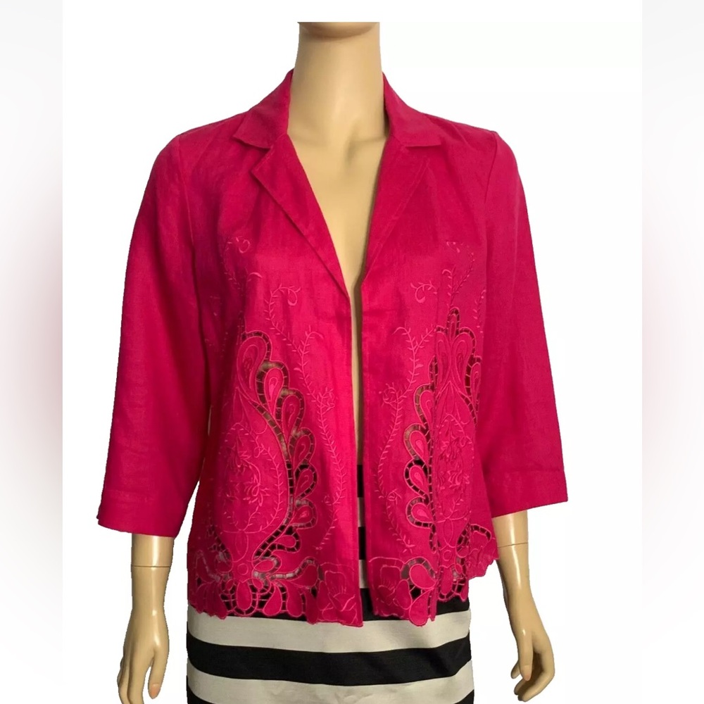NWT Chico's 1 Novelty Cutwork Linen Jacket Embroidered Raspberry - Picture 5 of 8